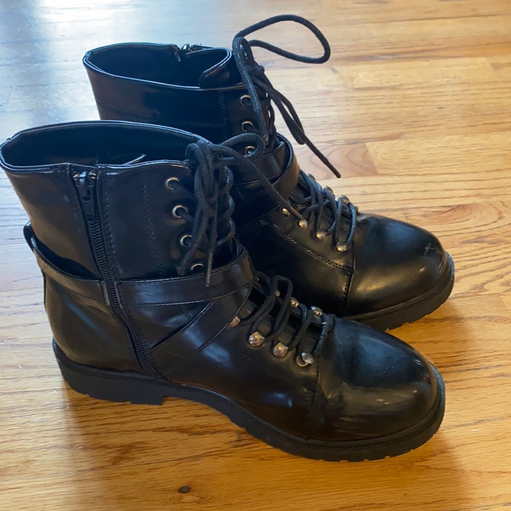 Faux leather shiny black buckle lace up boots - mid size above ankle